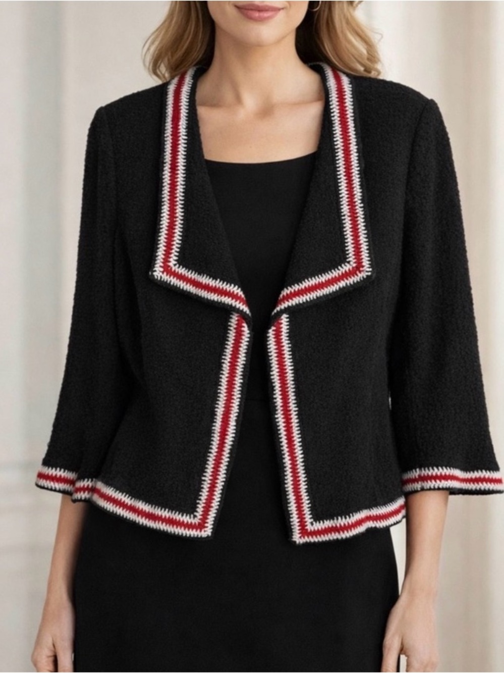 ST JOHN Black Santana Knit Drape Red White Trim Collar Blazer Dress Jacket 12 L